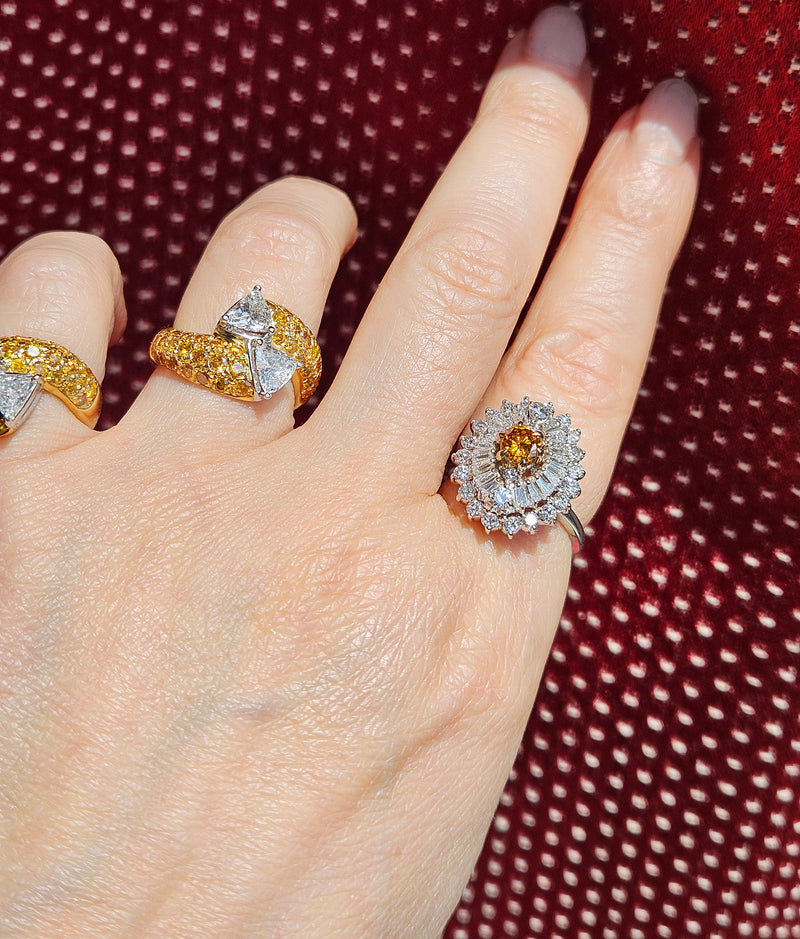 Vintage Shy 3.0ctw GIA Fancy ORANGE Diamond Ballerina Cocktail 14k White Gold Ring