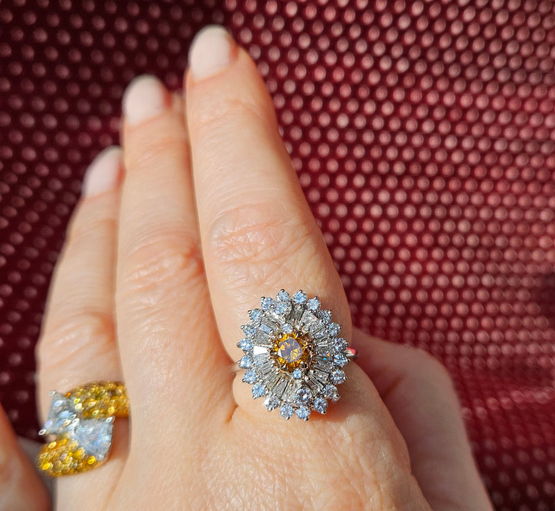 Vintage Shy 3.0ctw GIA Fancy ORANGE Diamond Ballerina Cocktail 14k White Gold Ring