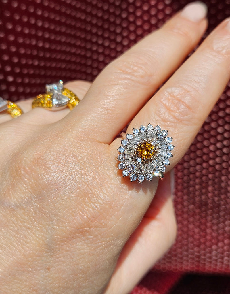 Vintage Shy 3.0ctw GIA Fancy ORANGE Diamond Ballerina Cocktail 14k White Gold Ring