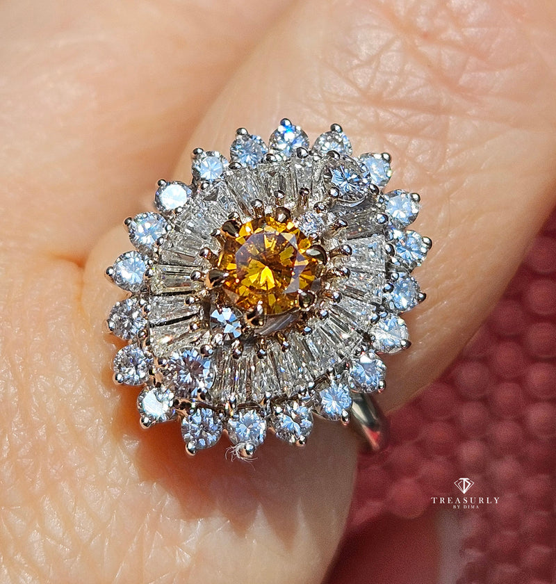 Vintage Shy 3.0ctw GIA Fancy ORANGE Diamond Ballerina Cocktail 14k White Gold Ring