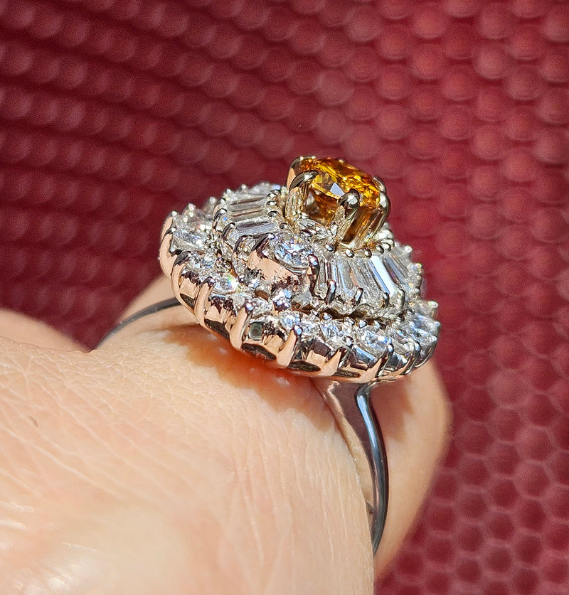 Vintage Shy 3.0ctw GIA Fancy ORANGE Diamond Ballerina Cocktail 14k White Gold Ring