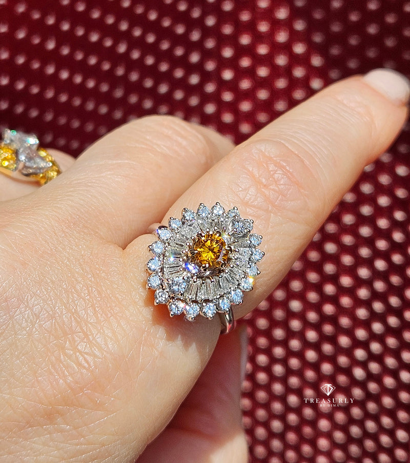Vintage Shy 3.0ctw GIA Fancy ORANGE Diamond Ballerina Cocktail 14k White Gold Ring