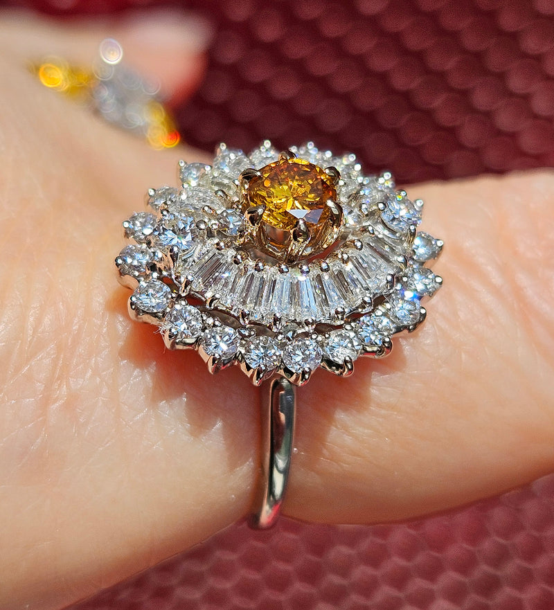 Vintage Shy 3.0ctw GIA Fancy ORANGE Diamond Ballerina Cocktail 14k White Gold Ring