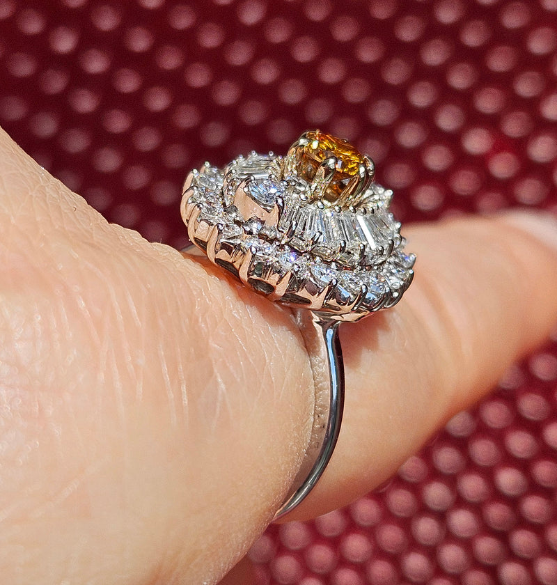 Vintage Shy 3.0ctw GIA Fancy ORANGE Diamond Ballerina Cocktail 14k White Gold Ring