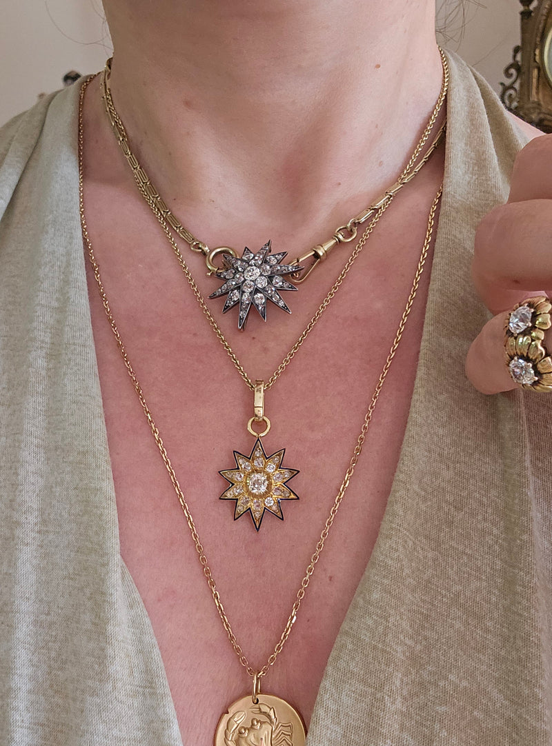 Antique Victorian English GIA 19K Gold Ten Point Old Mine Diamond and Blue Enamel Starburst Star Pendant