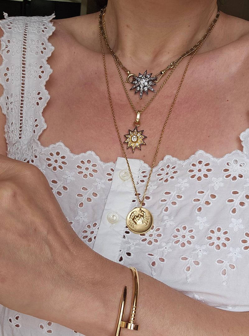 Antique Victorian English GIA 19K Gold Ten Point Old Mine Diamond and Blue Enamel Starburst Star Pendant