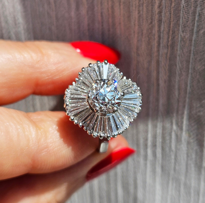 Vintage Estate GIA 4.06ct Old European Cut Diamond Ballerina Cocktail Platinum Ring