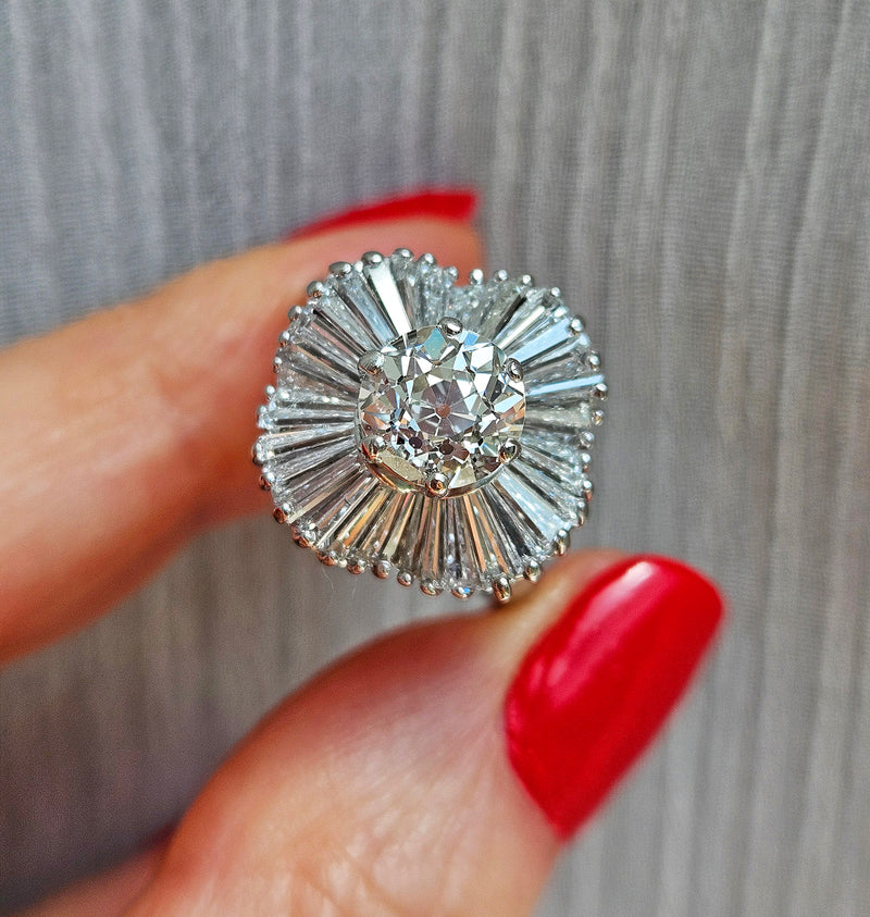 Vintage Estate GIA 4.06ct Old European Cut Diamond Ballerina Cocktail Platinum Ring