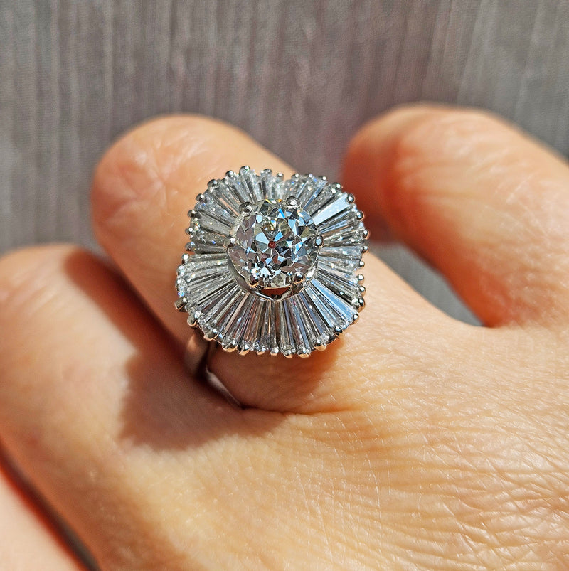 Vintage Estate GIA 4.06ct Old European Cut Diamond Ballerina Cocktail Platinum Ring