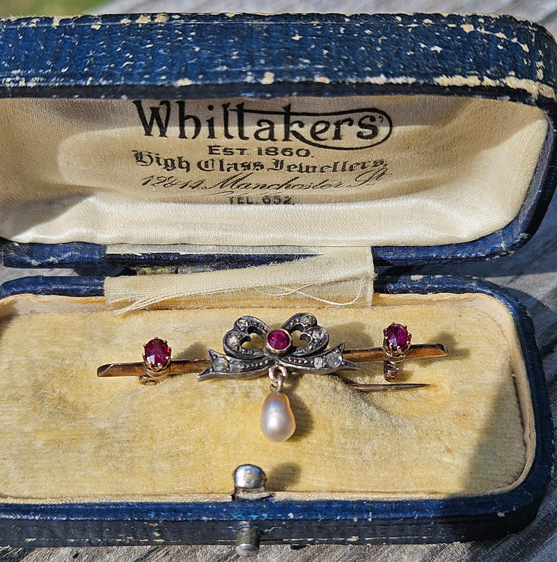 1890s English Antique Rose Cut Diamond Ruby Pearl Gold Gold Silver Bar Brooch Pin