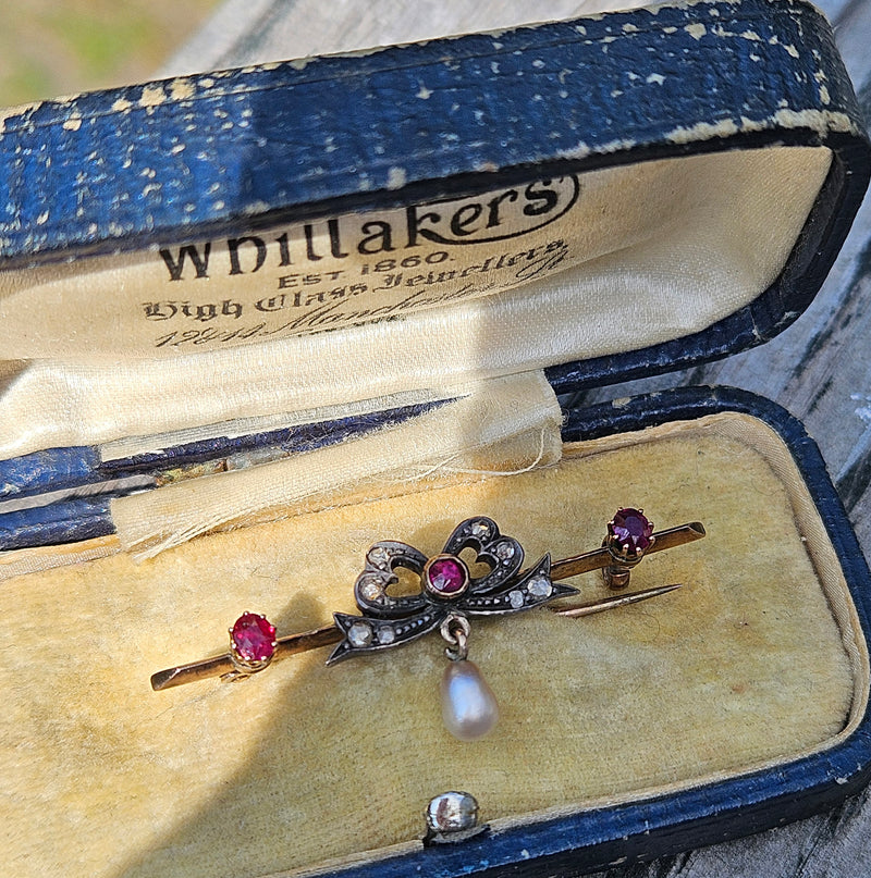 1890s English Antique Rose Cut Diamond Ruby Pearl Gold Gold Silver Bar Brooch Pin