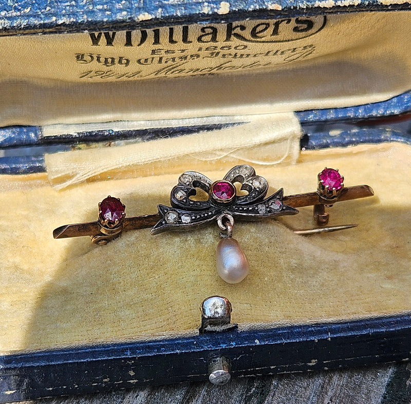 1890s English Antique Rose Cut Diamond Ruby Pearl Gold Gold Silver Bar Brooch Pin