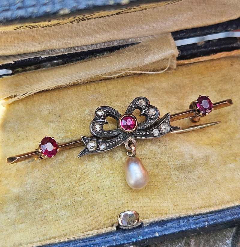 1890s English Antique Rose Cut Diamond Ruby Pearl Gold Gold Silver Bar Brooch Pin