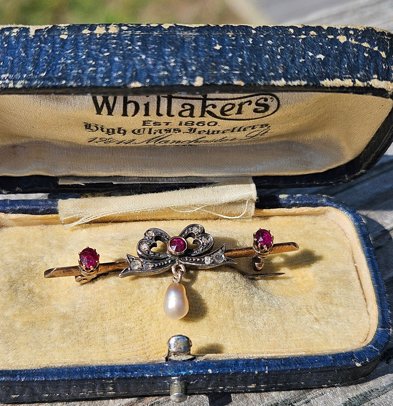 1890s English Antique Rose Cut Diamond Ruby Pearl Gold Gold Silver Bar Brooch Pin