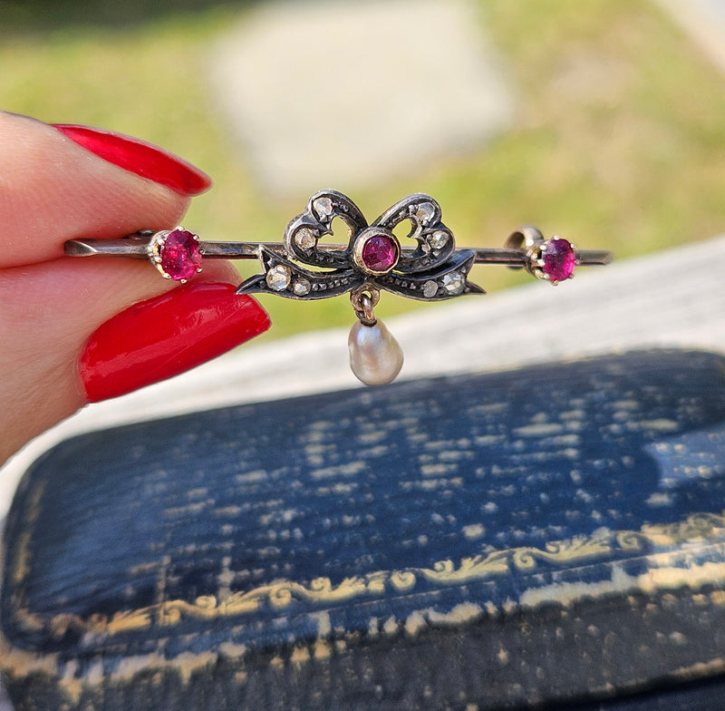 1890s English Antique Rose Cut Diamond Ruby Pearl Gold Gold Silver Bar Brooch Pin