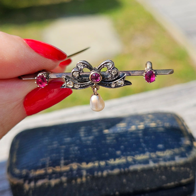 1890s English Antique Rose Cut Diamond Ruby Pearl Gold Gold Silver Bar Brooch Pin