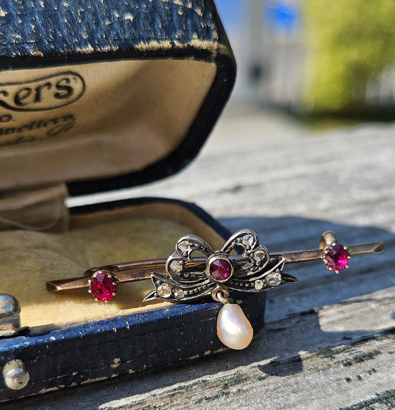 1890s English Antique Rose Cut Diamond Ruby Pearl Gold Gold Silver Bar Brooch Pin