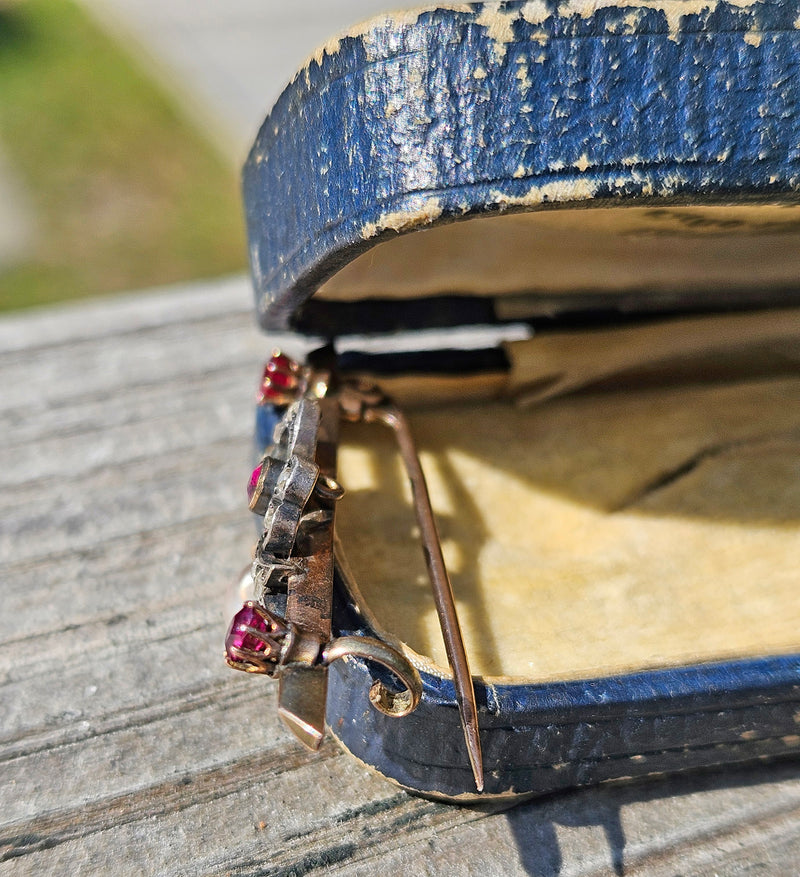 1890s English Antique Rose Cut Diamond Ruby Pearl Gold Gold Silver Bar Brooch Pin