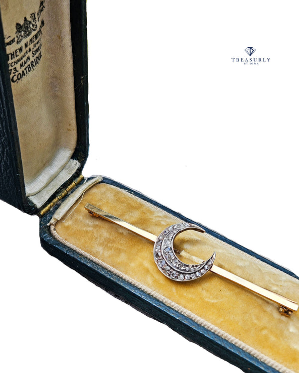 1890s English Antique Rose Cut Diamond Crescent Moon Gold Silver Bar Brooch Pin