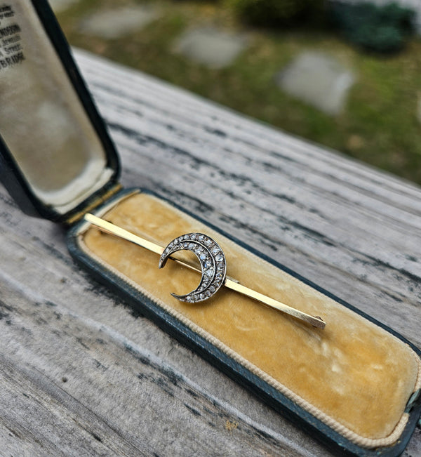 1890s English Antique Rose Cut Diamond Crescent Moon Gold Silver Bar Brooch Pin