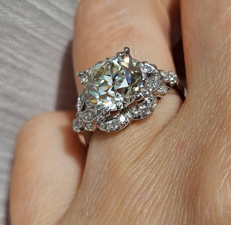 Art Deco GIA 3.34ctw Old EUROPEAN Cut Diamond Engagement Vintage Platinum Ring , Circa 1930