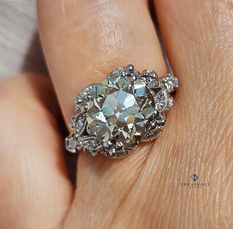 Art Deco GIA 3.34ctw Old EUROPEAN Cut Diamond Engagement Vintage Platinum Ring , Circa 1930