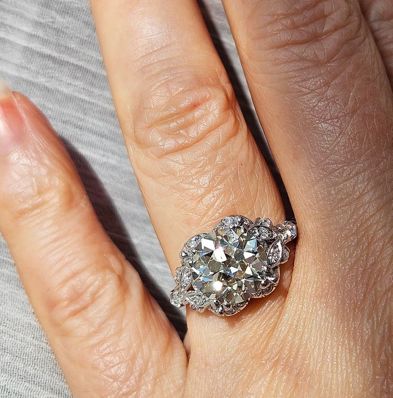 Art Deco GIA 3.34ctw Old EUROPEAN Cut Diamond Engagement Vintage Platinum Ring , Circa 1930