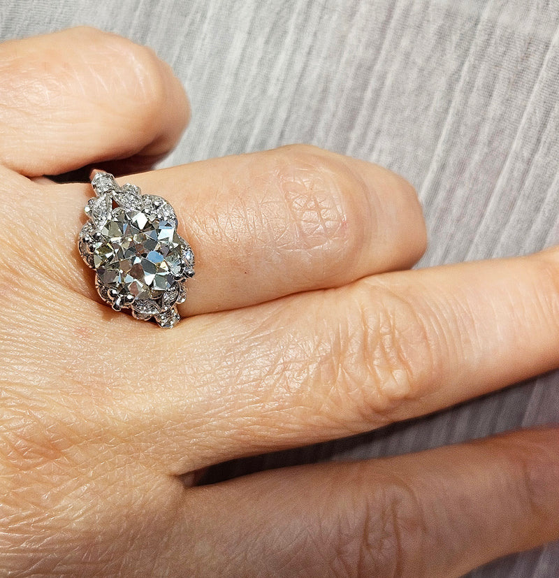Art Deco GIA 3.34ctw Old EUROPEAN Cut Diamond Engagement Vintage Platinum Ring , Circa 1930