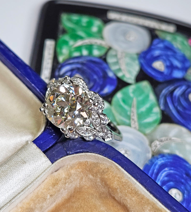 Art Deco GIA 3.34ctw Old EUROPEAN Cut Diamond Engagement Vintage Platinum Ring , Circa 1930