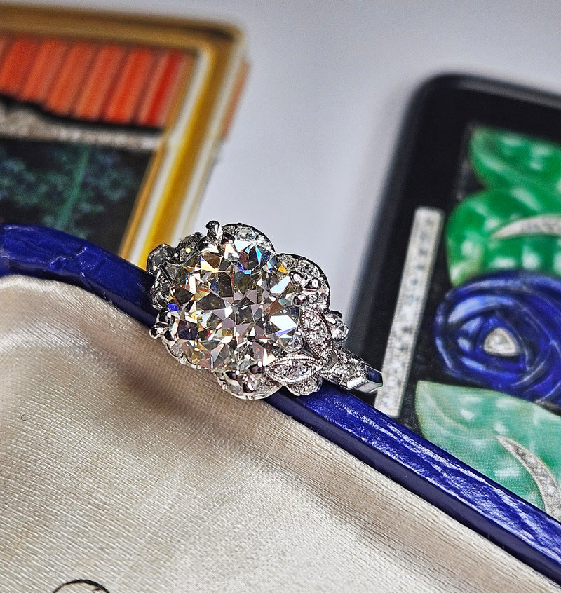 Art Deco GIA 3.34ctw Old EUROPEAN Cut Diamond Engagement Vintage Platinum Ring , Circa 1930