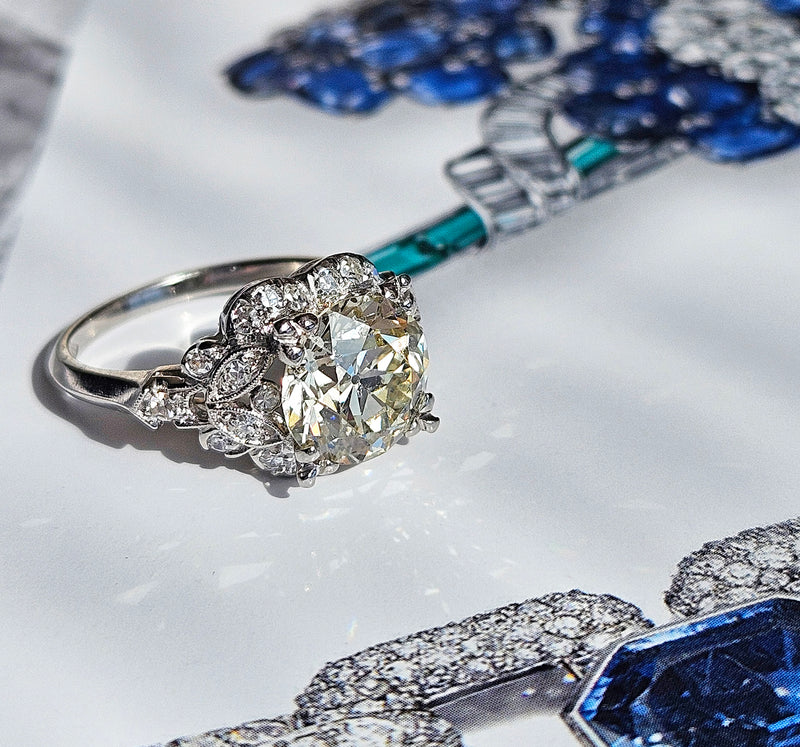 Art Deco GIA 3.34ctw Old EUROPEAN Cut Diamond Engagement Vintage Platinum Ring , Circa 1930