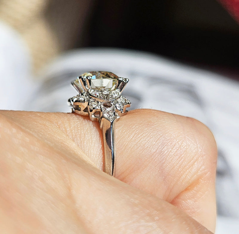 Art Deco GIA 3.34ctw Old EUROPEAN Cut Diamond Engagement Vintage Platinum Ring , Circa 1930