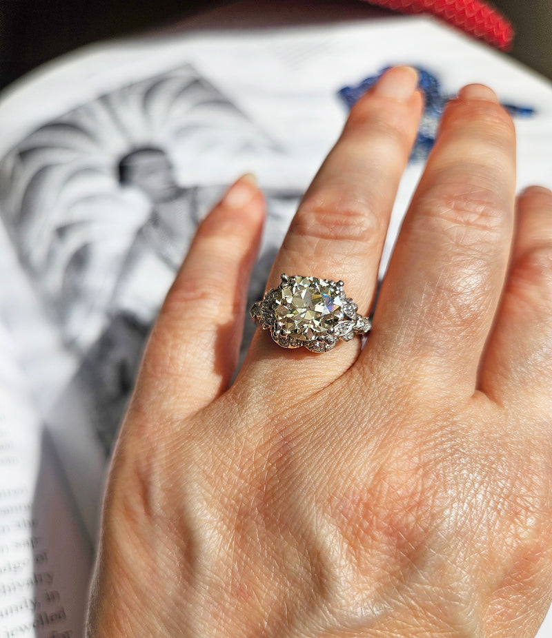 Art Deco GIA 3.34ctw Old EUROPEAN Cut Diamond Engagement Vintage Platinum Ring , Circa 1930