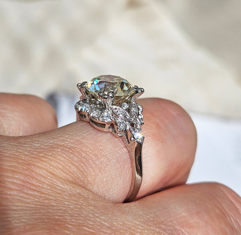 Art Deco GIA 3.34ctw Old EUROPEAN Cut Diamond Engagement Vintage Platinum Ring , Circa 1930