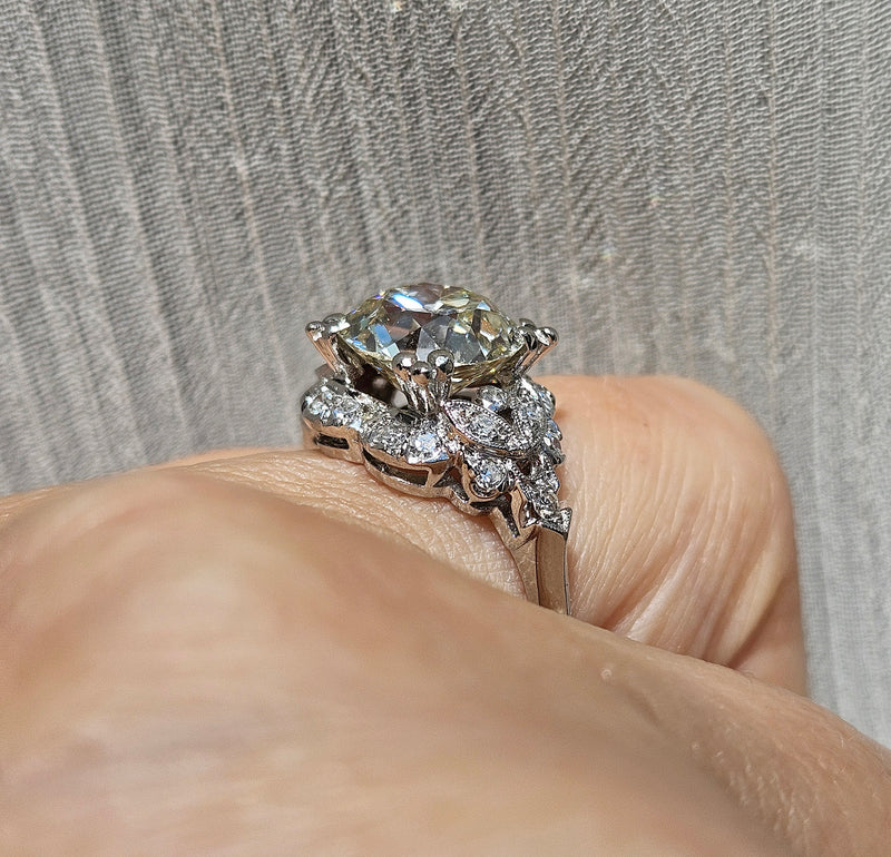 Art Deco GIA 3.34ctw Old EUROPEAN Cut Diamond Engagement Vintage Platinum Ring , Circa 1930