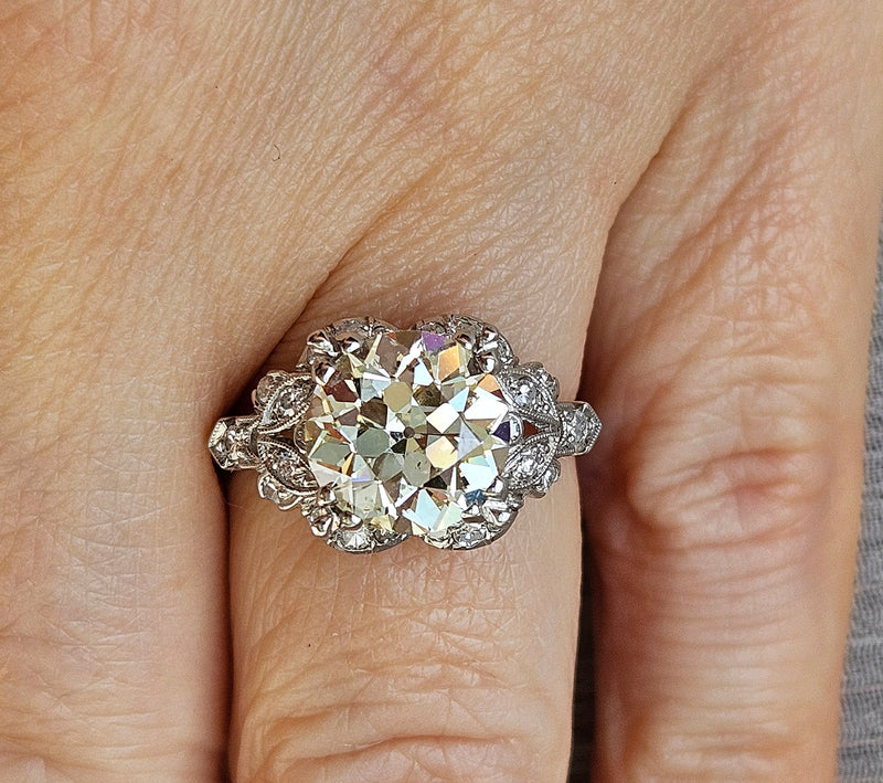Art Deco GIA 3.34ctw Old EUROPEAN Cut Diamond Engagement Vintage Platinum Ring , Circa 1930