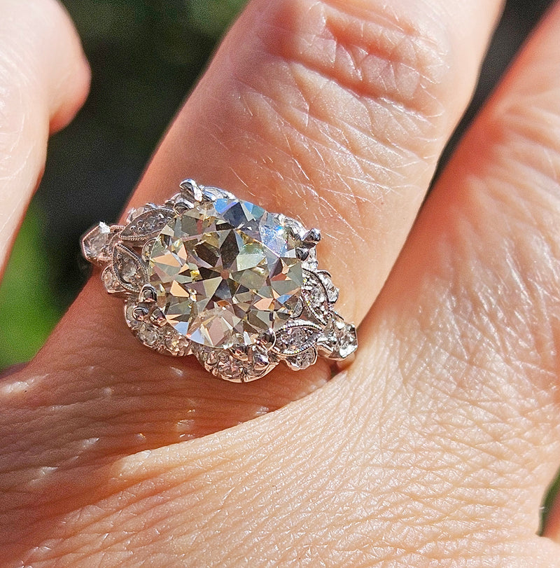 Art Deco GIA 3.34ctw Old EUROPEAN Cut Diamond Engagement Vintage Platinum Ring , Circa 1930