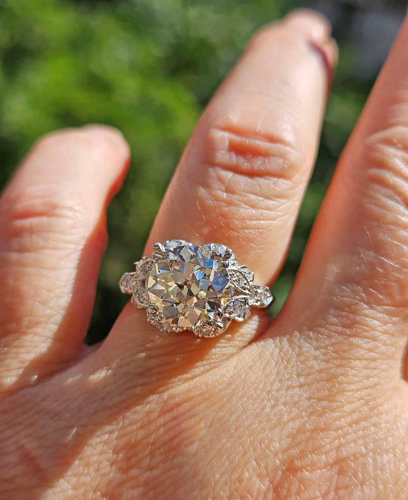 Art Deco GIA 3.34ctw Old EUROPEAN Cut Diamond Engagement Vintage Platinum Ring , Circa 1930