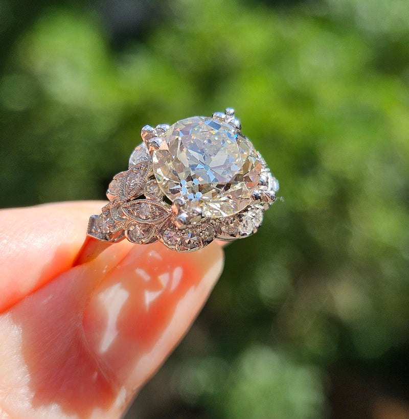 Art Deco GIA 3.34ctw Old EUROPEAN Cut Diamond Engagement Vintage Platinum Ring , Circa 1930