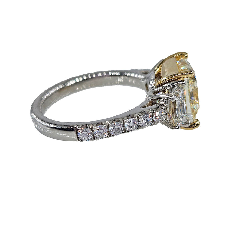 Vintage GIA 5.48ctw Natural YELLOW Cushion Cut Diamond Platinum 18K Gold 3 Stone Ring