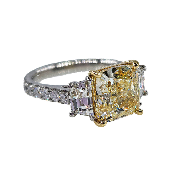 Vintage GIA 5.48ctw Natural YELLOW Cushion Cut Diamond Platinum 18K Gold 3 Stone Ring