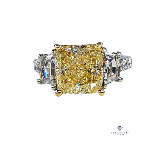 Vintage GIA 5.48ctw Natural YELLOW Cushion Cut Diamond Platinum 18K Gold 3 Stone Ring