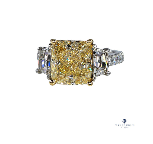 Vintage GIA 5.48ctw Natural YELLOW Cushion Cut Diamond Platinum 18K Gold 3 Stone Ring