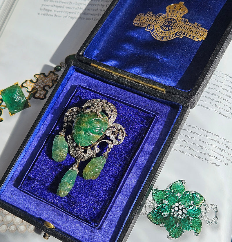 1900s GIA Mughal Carved EMERALD and Old Mine Rose Cut Diamond Platinum Topped-Gold Pendant Brooch