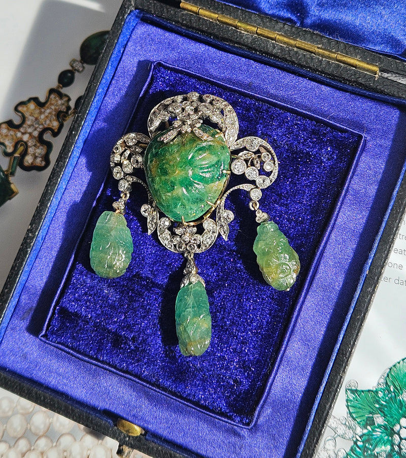 1900s GIA Mughal Carved EMERALD and Old Mine Rose Cut Diamond Platinum Topped-Gold Pendant Brooch