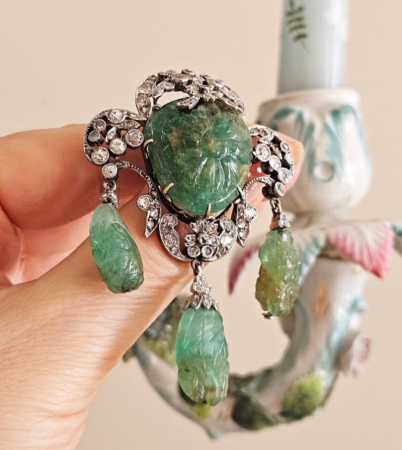 1900s GIA Mughal Carved EMERALD and Old Mine Rose Cut Diamond Platinum Topped-Gold Pendant Brooch
