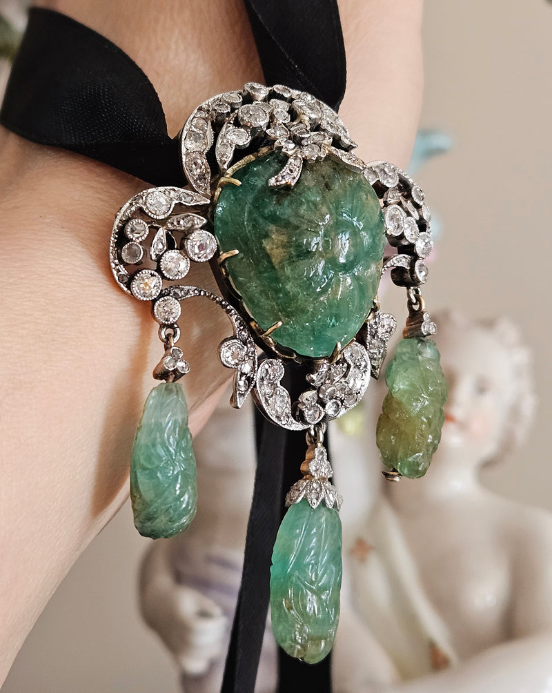 1900s GIA Mughal Carved EMERALD and Old Mine Rose Cut Diamond Platinum Topped-Gold Pendant Brooch