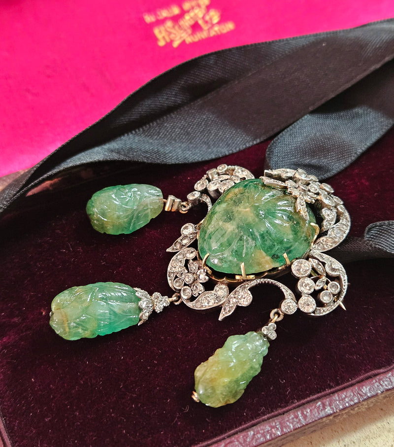 1900s GIA Mughal Carved EMERALD and Old Mine Rose Cut Diamond Platinum Topped-Gold Pendant Brooch