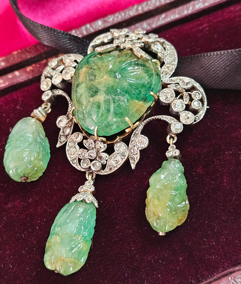 1900s GIA Mughal Carved EMERALD and Old Mine Rose Cut Diamond Platinum Topped-Gold Pendant Brooch