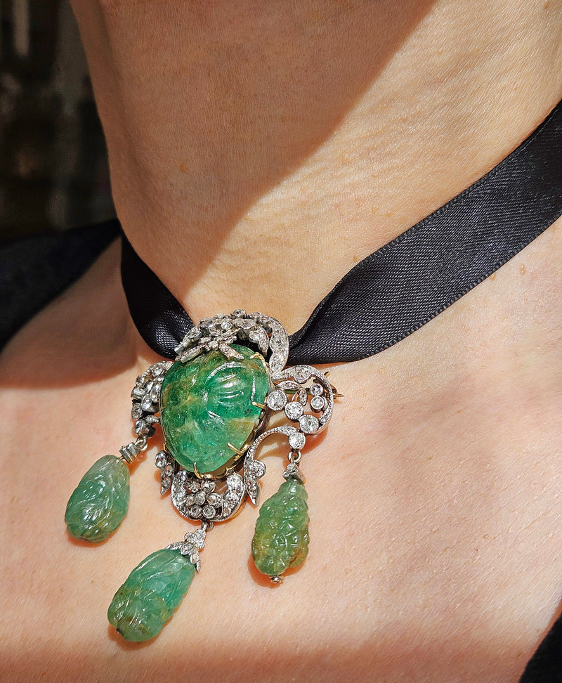 1900s GIA Mughal Carved EMERALD and Old Mine Rose Cut Diamond Platinum Topped-Gold Pendant Brooch